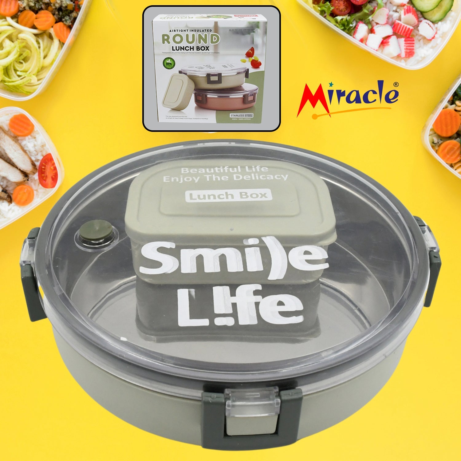 Miracle Stainless Steel Round Lunch Box, with Small Plastic Box Insert Leak Proof Lunch Box with Transparent lid, Lunch Box for Kids & Adults for School, Office (450 ML + 250 ML Approx) Miracle Stainless Steel Round Lunch Box, with Small Plastic Box Insert Leak Proof Lunch Box with Transparent lid, Lunch Box for Kids & Adults for School, Office (450 ML + 250 ML Approx)